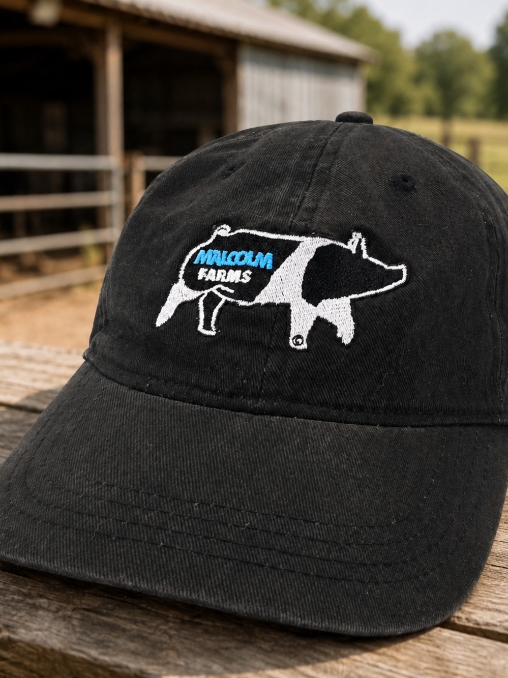 Malcom Farms Pig Hog Black Embroidered Farm Adjustable Hat